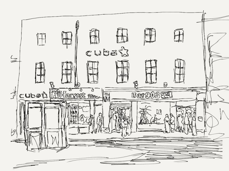 Digital scratch sketch of Cuba (Live, Main Floor, Bar 903 and Harvest Off Licence